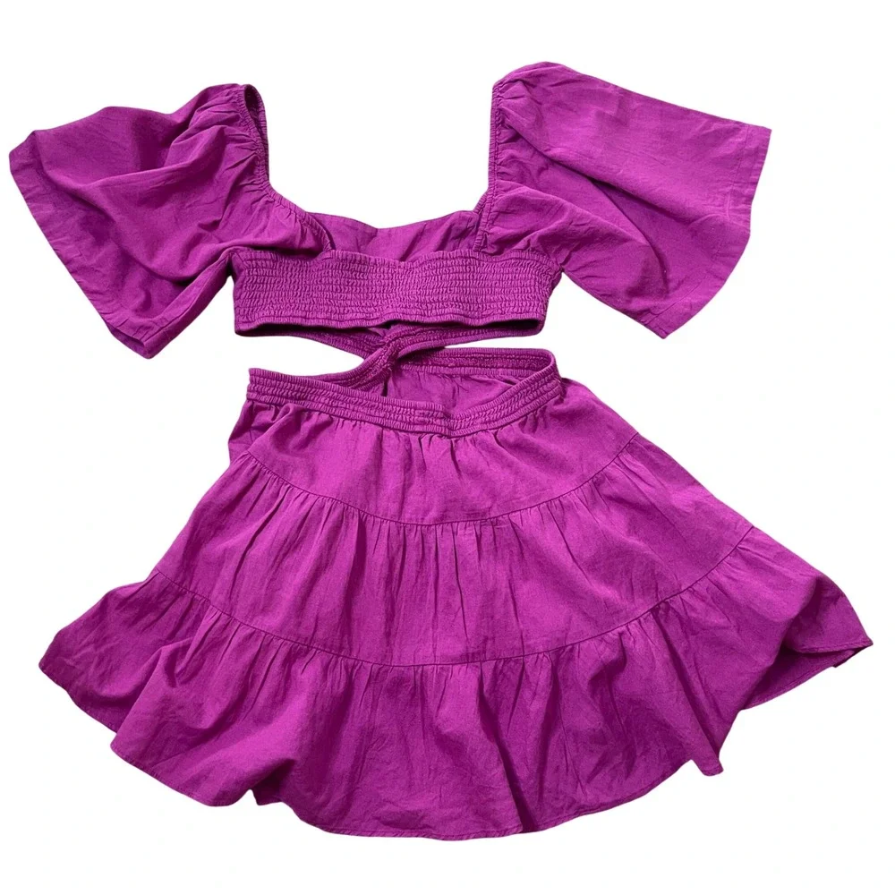 Free People Magenta Purple Cutout Puff Sleeve Tiered Mini Dress Womens Medium‎
